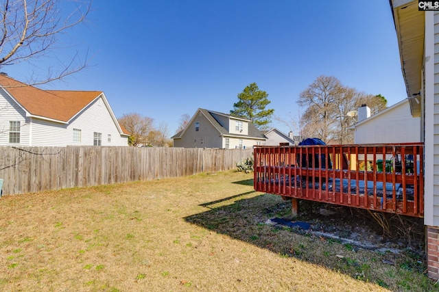 view of yard with a deck and fence