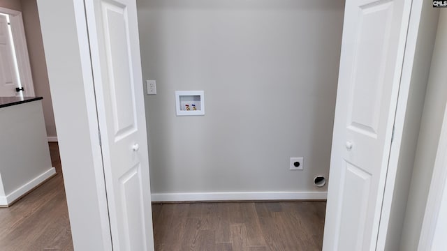 laundry area with washer hookup, wood finished floors, baseboards, hookup for an electric dryer, and laundry area