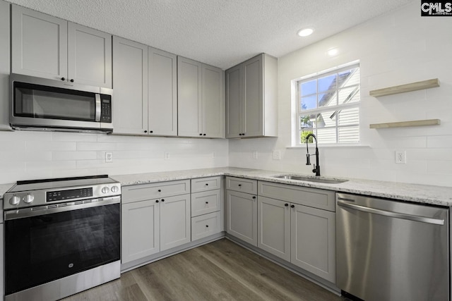 kitchen with gray cabinets, a sink, appliances with stainless steel finishes, decorative backsplash, and dark wood-style flooring