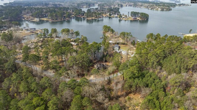 birds eye view of property featuring a wooded view and a water view