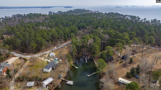 birds eye view of property with a wooded view and a water view