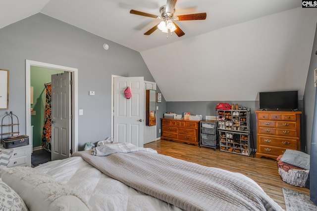 bedroom with a closet, wood finished floors, a walk in closet, and vaulted ceiling