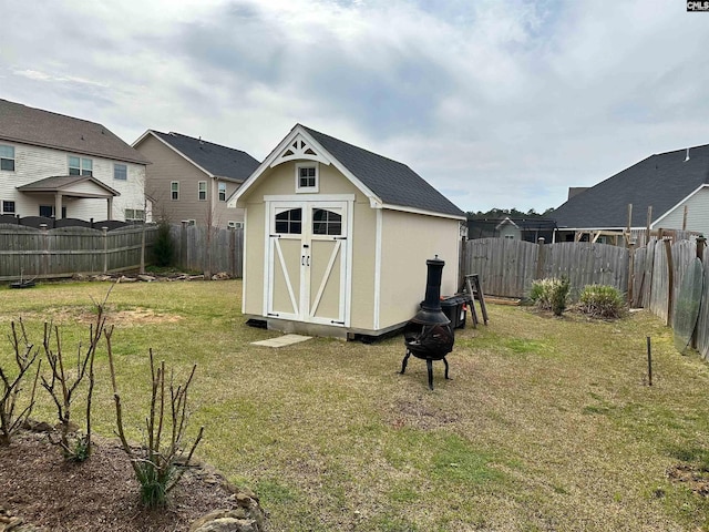 view of shed featuring a fenced backyard