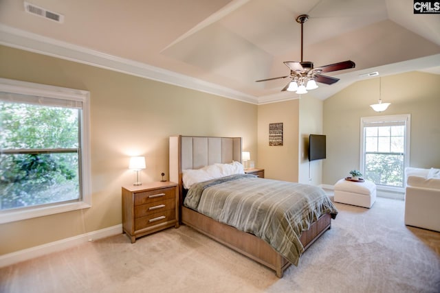 bedroom with light carpet, visible vents, crown molding, and baseboards