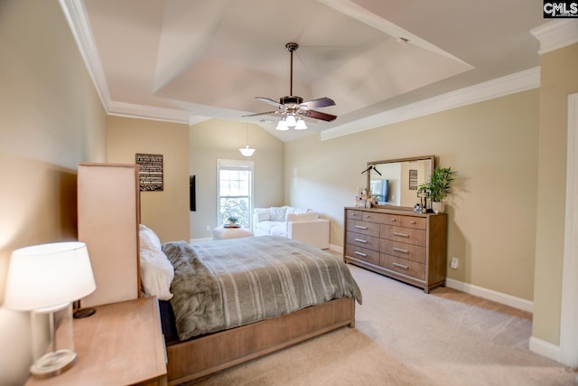 bedroom with crown molding, vaulted ceiling, baseboards, and light carpet