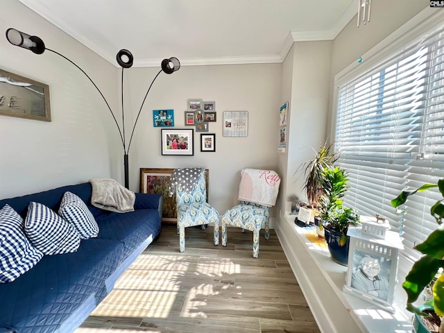 interior space featuring ornamental molding and wood tiled floor