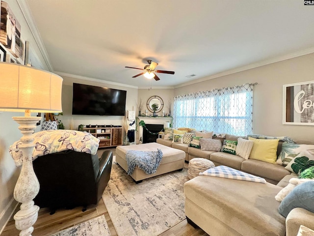 living room featuring a ceiling fan, visible vents, a fireplace, crown molding, and light wood-type flooring