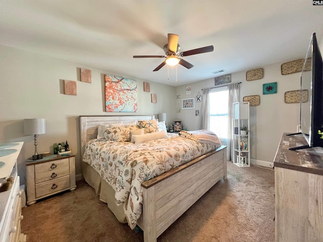 bedroom with visible vents, access to exterior, baseboards, light colored carpet, and ceiling fan