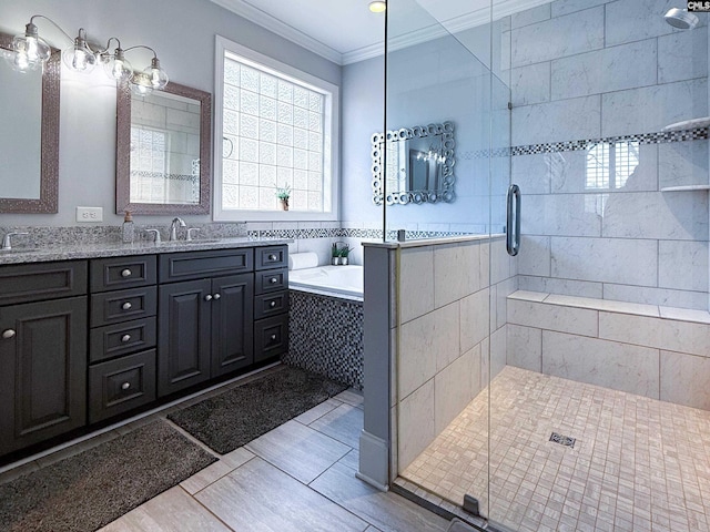 bathroom with a garden tub, ornamental molding, a sink, a shower stall, and double vanity