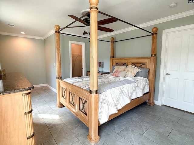 bedroom with visible vents, ceiling fan, baseboards, and ornamental molding