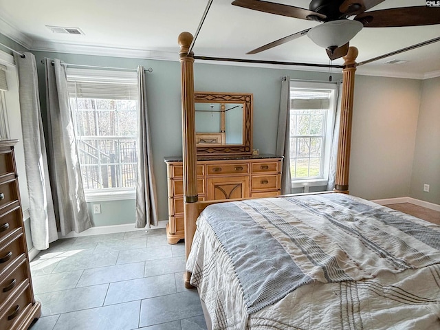 bedroom featuring visible vents, crown molding, ceiling fan, baseboards, and light tile patterned floors