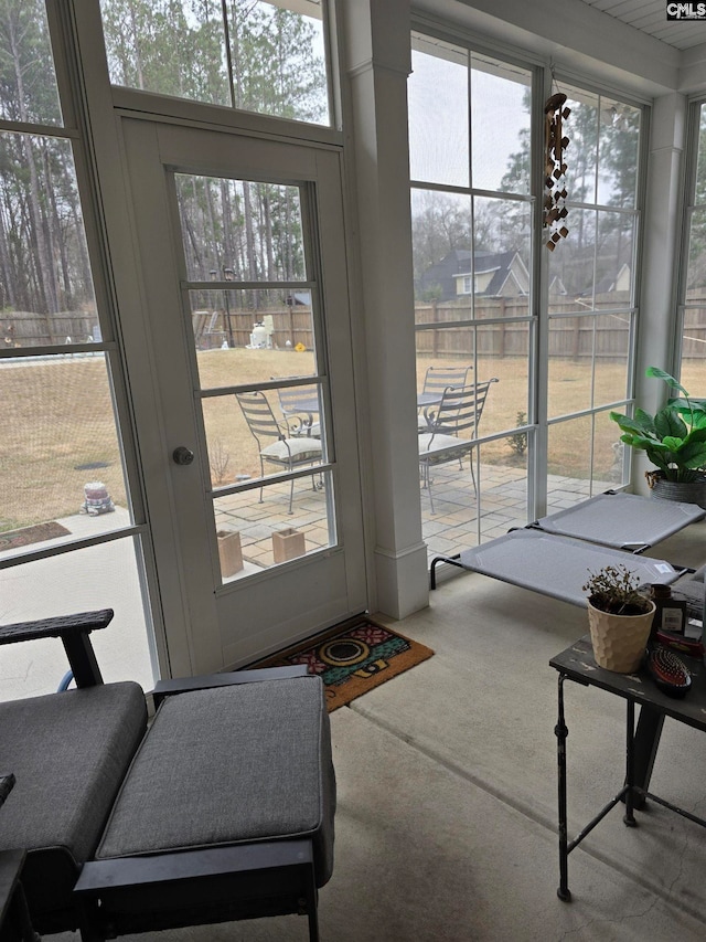 doorway to outside featuring carpet flooring