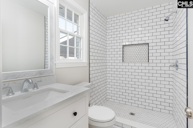 full bath featuring a shower stall, toilet, and vanity