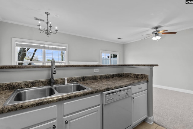 kitchen with visible vents, crown molding, light colored carpet, dishwasher, and a sink