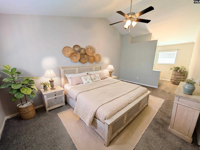 bedroom with lofted ceiling, a ceiling fan, baseboards, and light carpet