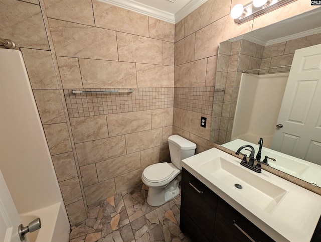 bathroom featuring a shower, toilet, tile walls, and crown molding