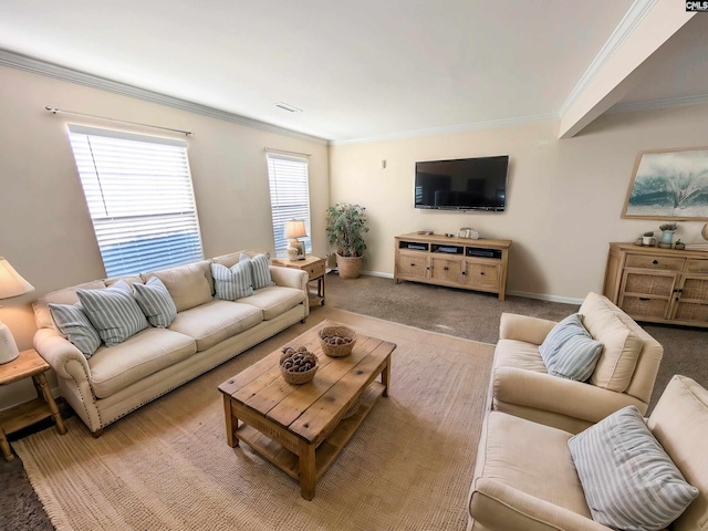 carpeted living area with crown molding, visible vents, and baseboards