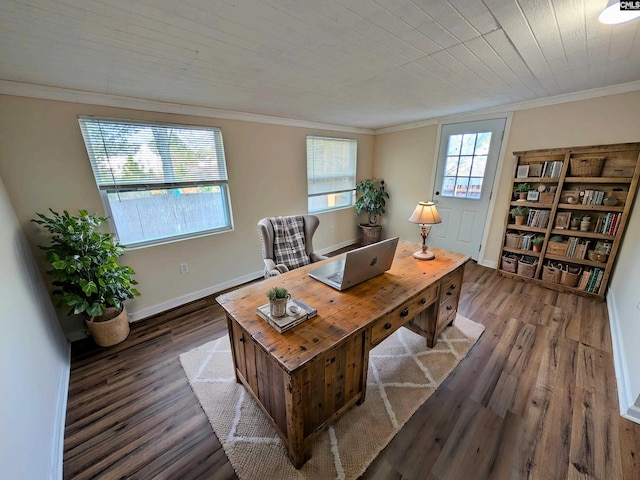 office area featuring wood finished floors, baseboards, and ornamental molding