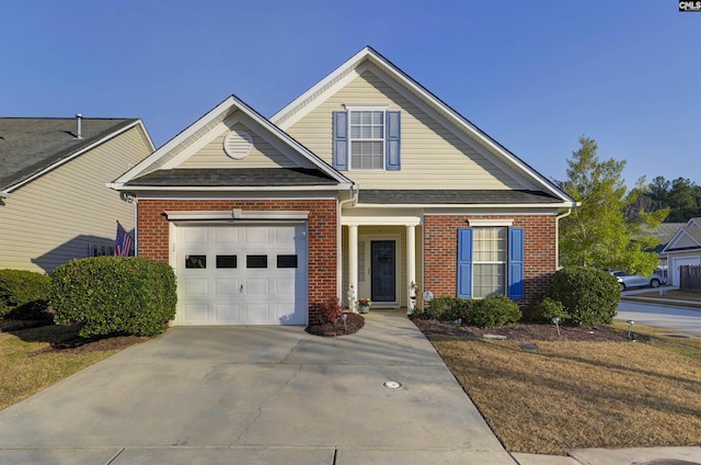 view of front of house with a garage, brick siding, concrete driveway, and a shingled roof