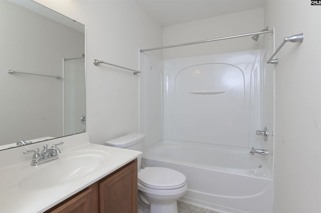 bathroom featuring tile patterned flooring, toilet, vanity, and shower / bathing tub combination