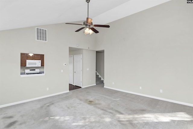 unfurnished living room with visible vents, baseboards, carpet, ceiling fan, and high vaulted ceiling