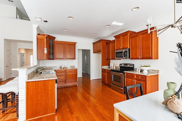 kitchen with glass insert cabinets, dark wood-type flooring, a kitchen breakfast bar, a peninsula, and stainless steel appliances