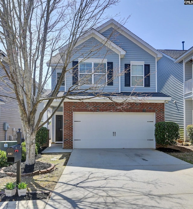 view of front of property with brick siding, driveway, and an attached garage