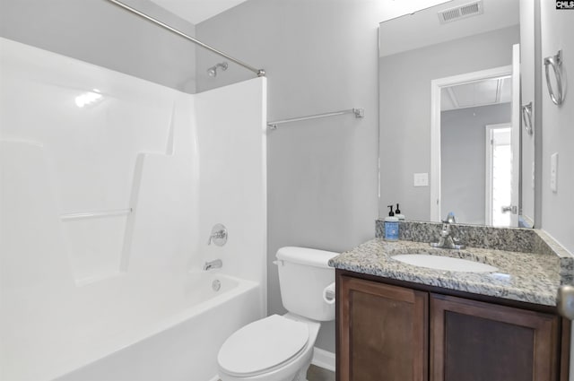 bathroom featuring vanity, toilet, visible vents, and shower / bathtub combination