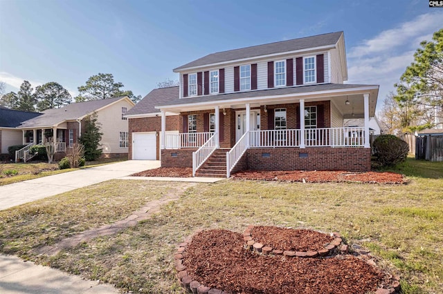 view of front of house featuring a front yard, an attached garage, covered porch, concrete driveway, and brick siding