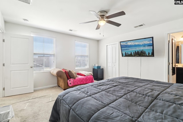 bedroom featuring visible vents, baseboards, carpet, and ceiling fan