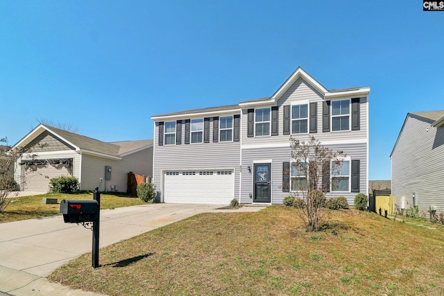 view of front of home with an attached garage, concrete driveway, and a front yard