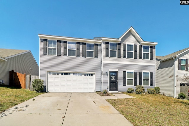 view of front facade with concrete driveway, an attached garage, fence, and a front lawn