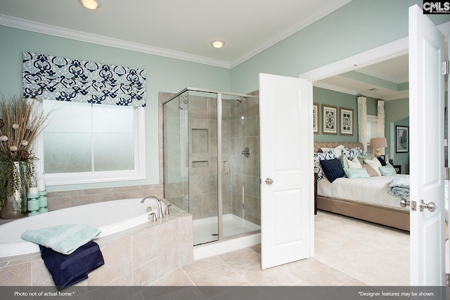 bathroom with a stall shower, a garden tub, ensuite bath, and ornamental molding