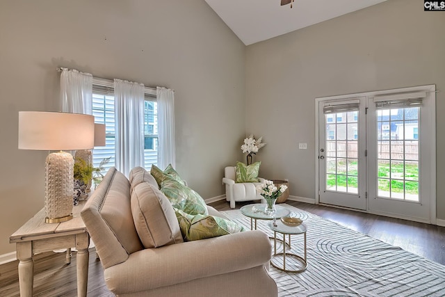 living room featuring baseboards, lofted ceiling, a healthy amount of sunlight, and wood finished floors