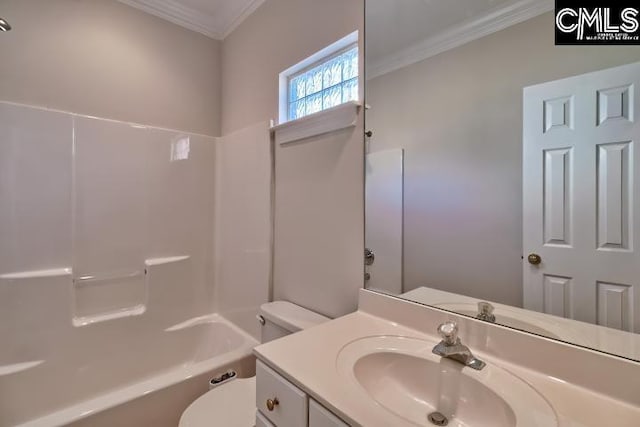 full bathroom with toilet, vanity, bathing tub / shower combination, and ornamental molding