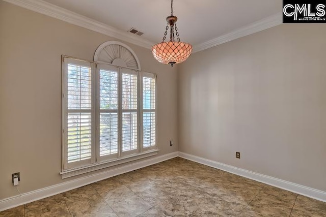 unfurnished room featuring visible vents, baseboards, and crown molding