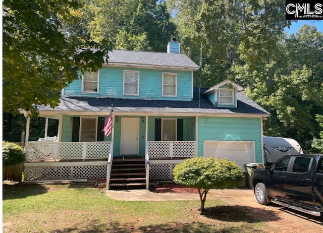 view of front of property featuring driveway, a porch, an attached garage, a shingled roof, and a chimney