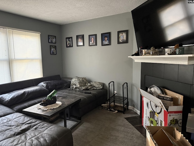 living area with baseboards, a textured ceiling, and carpet