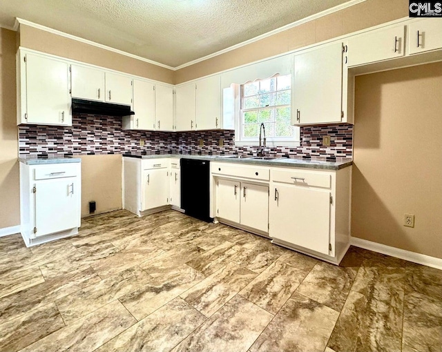 kitchen with crown molding, dishwasher, decorative backsplash, a textured ceiling, and a sink