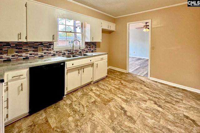 kitchen featuring ornamental molding, a sink, tasteful backsplash, dishwasher, and ceiling fan