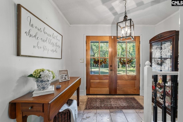 164 Carriageton Dr, Orangeburg, SC 29115 - foyer entrance featuring french doors, a textured ceiling, a chandelier, and ornamental molding