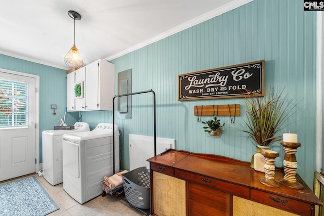 164 Carriageton Dr, Orangeburg, SC 29115 - washroom featuring ornamental molding, light tile patterned floors, electric panel, cabinet space, and independent washer and dryer