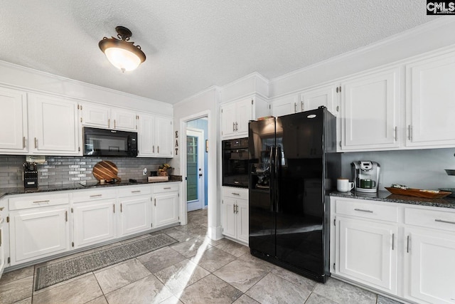 164 Carriageton Dr, Orangeburg, SC 29115 - kitchen featuring black appliances, dark stone countertops, backsplash, white cabinets, and crown molding