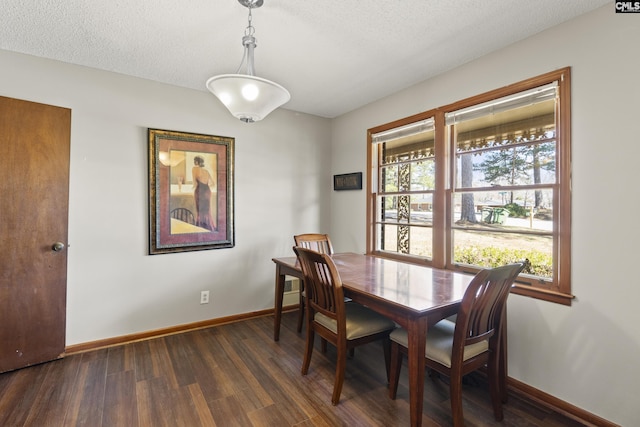 dining space with baseboards, a textured ceiling, and dark wood-style floors