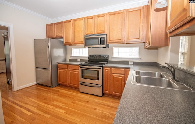 kitchen with a sink, dark countertops, stainless steel appliances, crown molding, and light wood finished floors