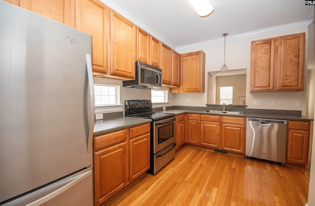 kitchen featuring light wood finished floors, a sink, ornamental molding, stainless steel appliances, and dark countertops