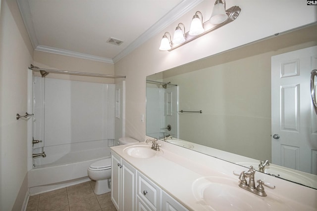 bathroom with a sink, visible vents, toilet, and crown molding