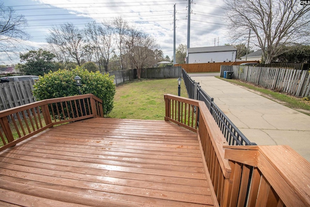 wooden terrace with a yard and a fenced backyard