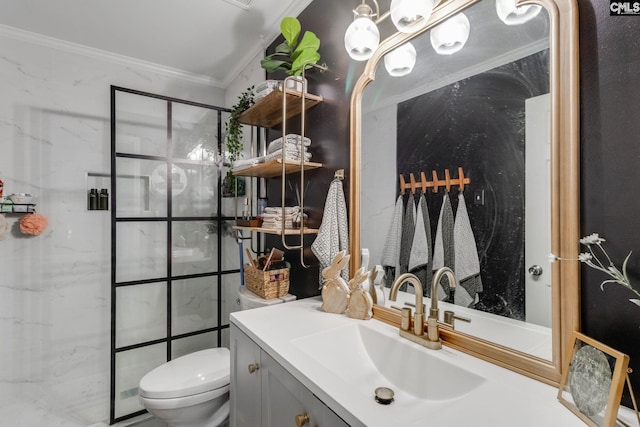 bathroom featuring toilet, a walk in shower, vanity, and ornamental molding