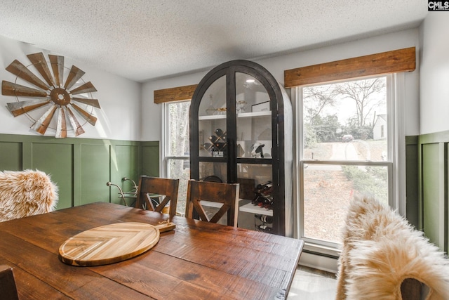 dining area featuring a wainscoted wall, a healthy amount of sunlight, a textured ceiling, and a decorative wall